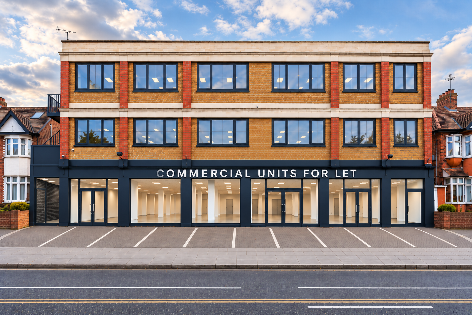 Illustrative concept of a commercial building with spaces to let